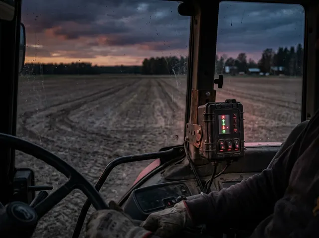 A rugged control box with grade indicator lights mounted inside a tractor cab, looking out over a field.