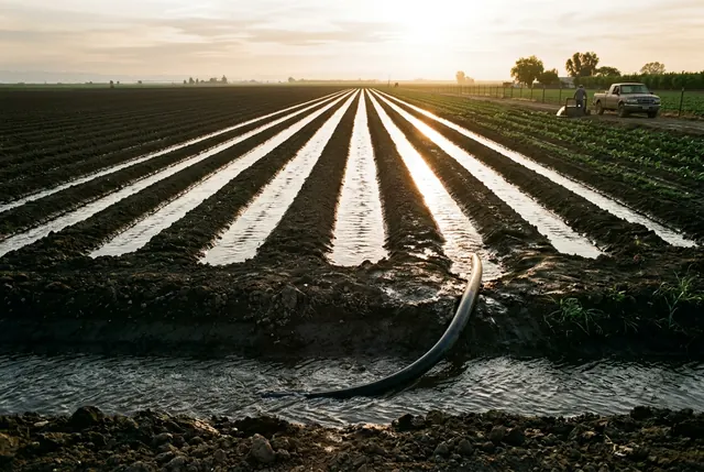 Irrigation water flowing down long straight furrows in a prepared field at sunrise.