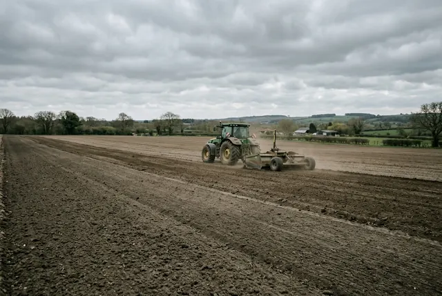 A tractor with a drag scraper grading a broad field to a gentle, uniform slope.