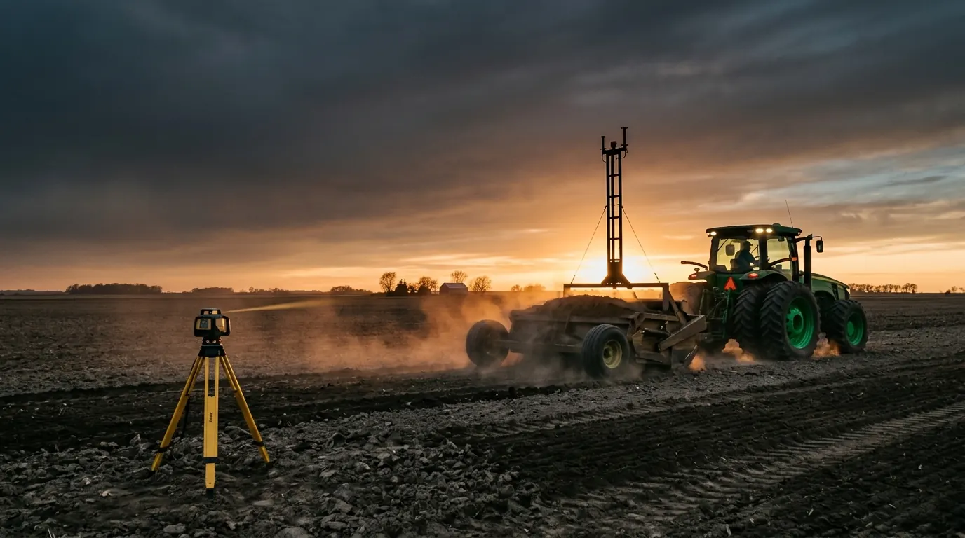 A tractor pulls a land leveling scraper with a receiver mast across a field at dusk, a laser transmitter on a tripod in the foreground.