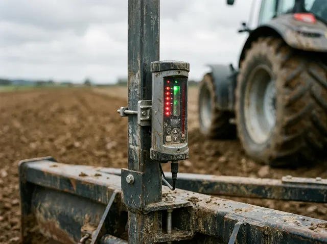 A laser receiver with indicator lights mounted on a steel mast above a scraper blade.