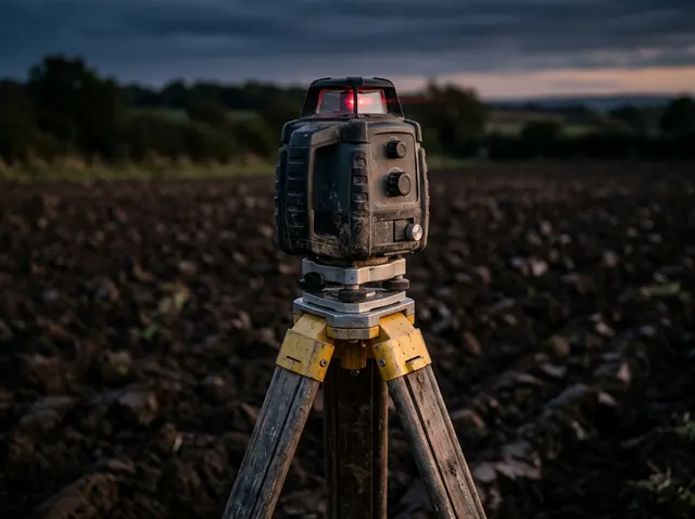 A rotating laser transmitter on a tripod in a tilled field.